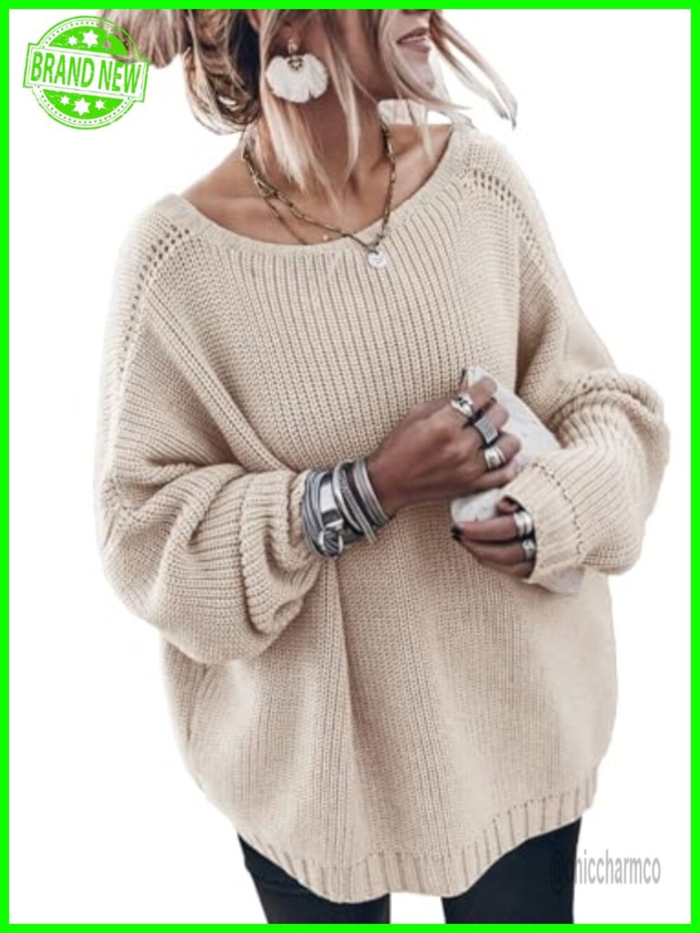 Oversized Cotton Knit Pullover Sweater Crew Neck Long Sleeve Loose Fit